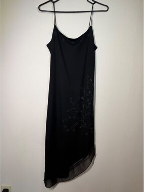 Y2K ByerToo! Black Asymmetric Slip Dress with Embroidered Floral Detail